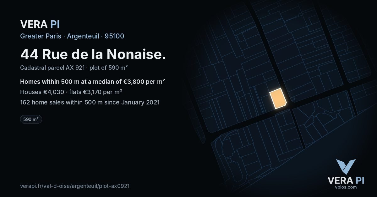 44 Rue de la Nonaise, Argenteuil at night – the plot lit, the parcels around coloured by the prices near them