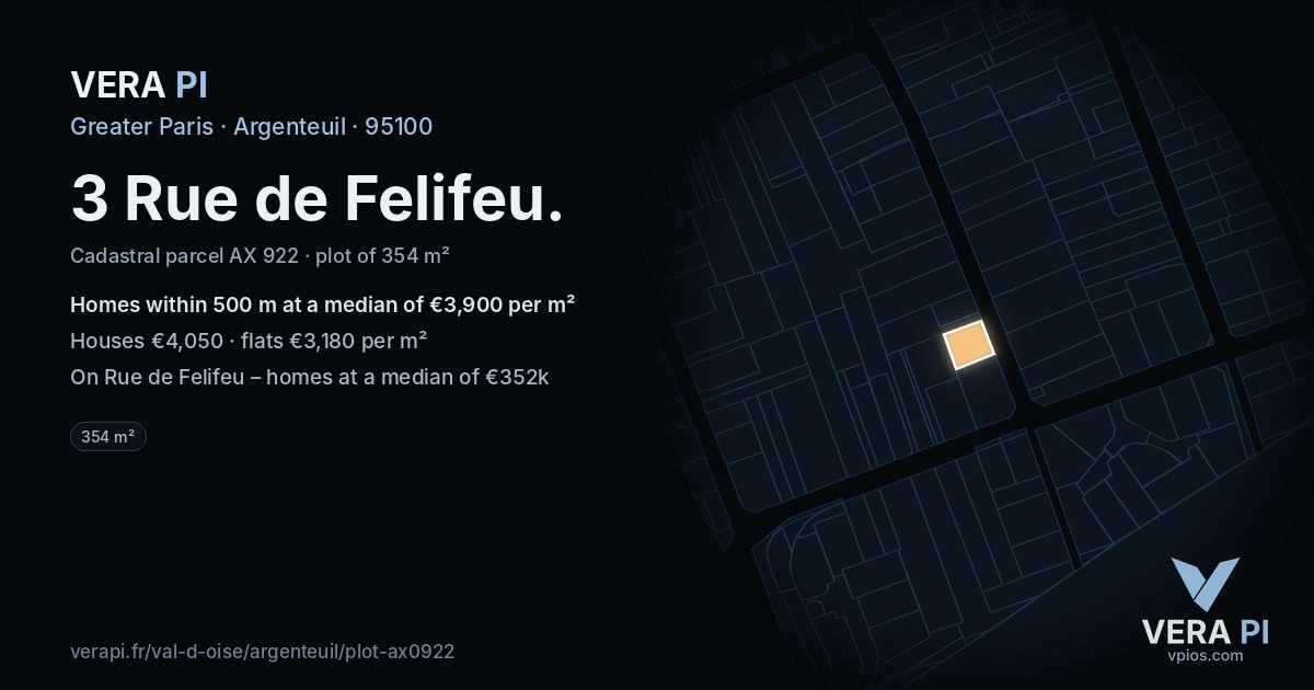 3 Rue de Felifeu, Argenteuil at night – the plot lit, the parcels around coloured by the prices near them