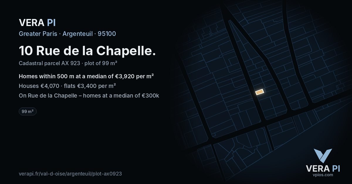 10 Rue de la Chapelle, Argenteuil at night – the plot lit, the parcels around coloured by the prices near them