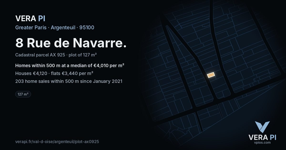 8 Rue de Navarre, Argenteuil at night – the plot lit, the parcels around coloured by the prices near them
