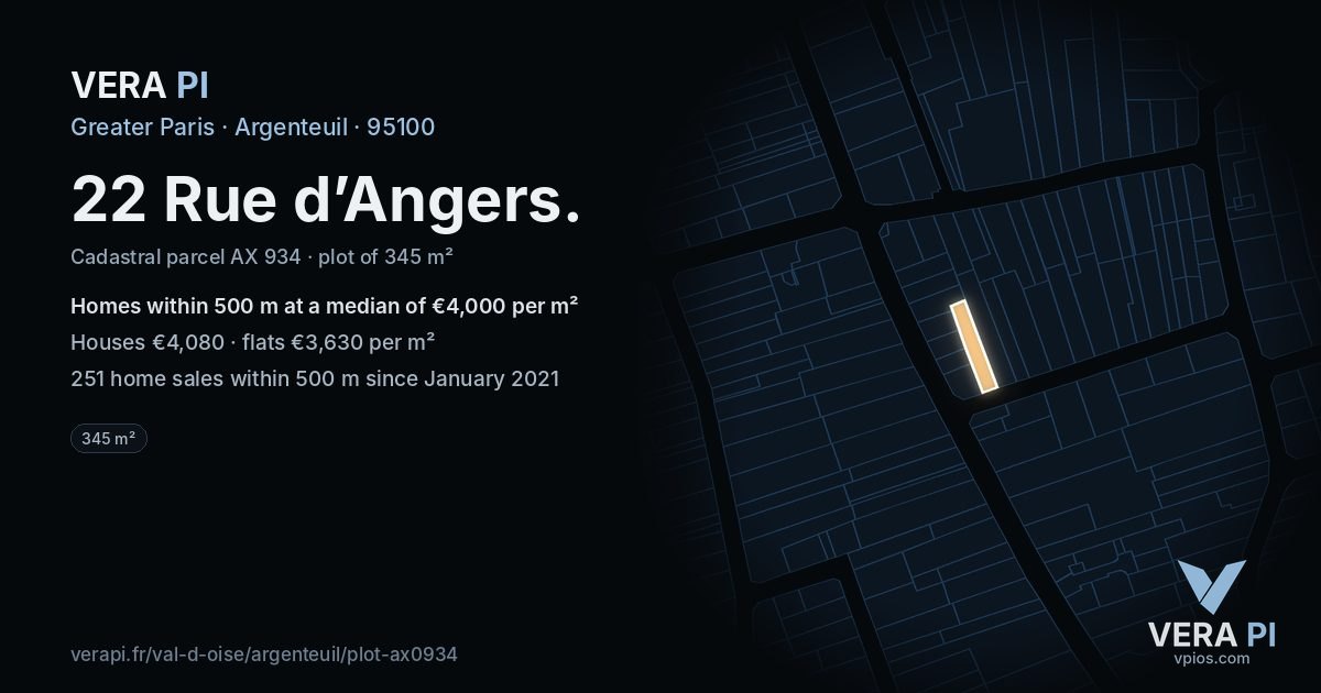 22 Rue d’Angers, Argenteuil at night – the plot lit, the parcels around coloured by the prices near them