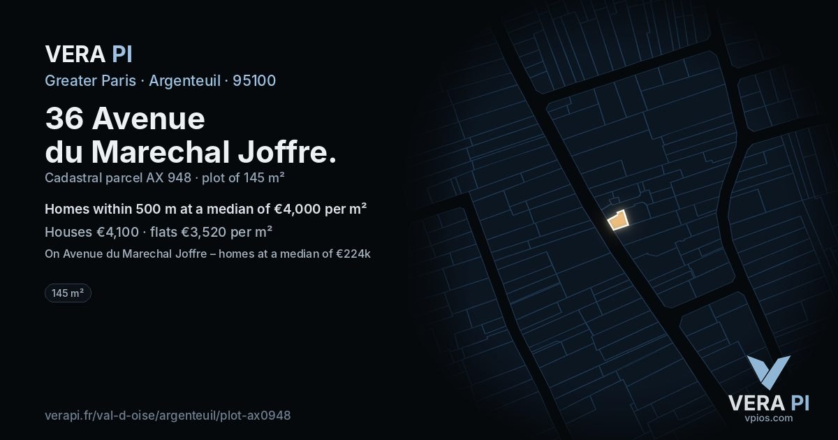36 Avenue du Marechal Joffre, Argenteuil at night – the plot lit, the parcels around coloured by the prices near them