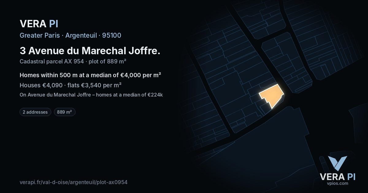 3 Avenue du Marechal Joffre, Argenteuil at night – the plot lit, the parcels around coloured by the prices near them