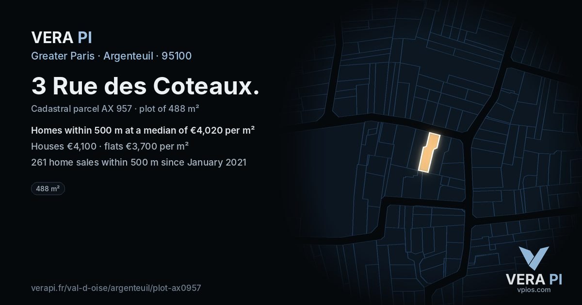 3 Rue des Coteaux, Argenteuil at night – the plot lit, the parcels around coloured by the prices near them