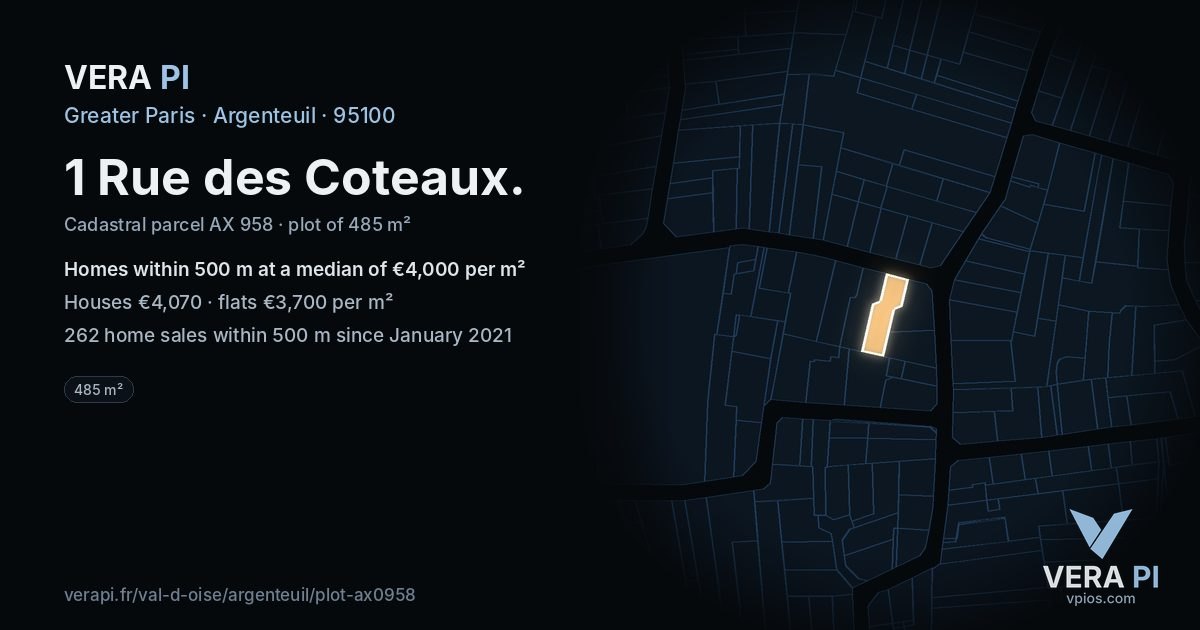 1 Rue des Coteaux, Argenteuil at night – the plot lit, the parcels around coloured by the prices near them