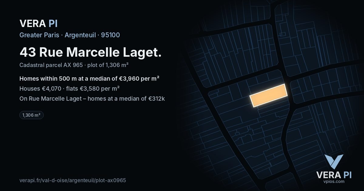43 Rue Marcelle Laget, Argenteuil at night – the plot lit, the parcels around coloured by the prices near them