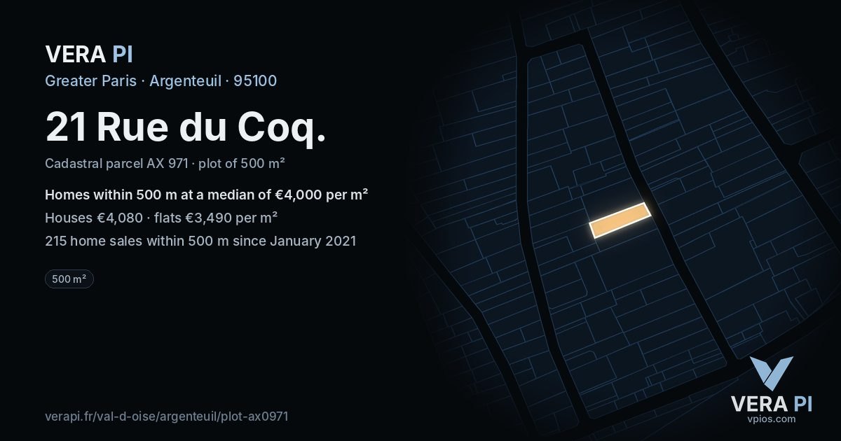 21 Rue du Coq, Argenteuil at night – the plot lit, the parcels around coloured by the prices near them