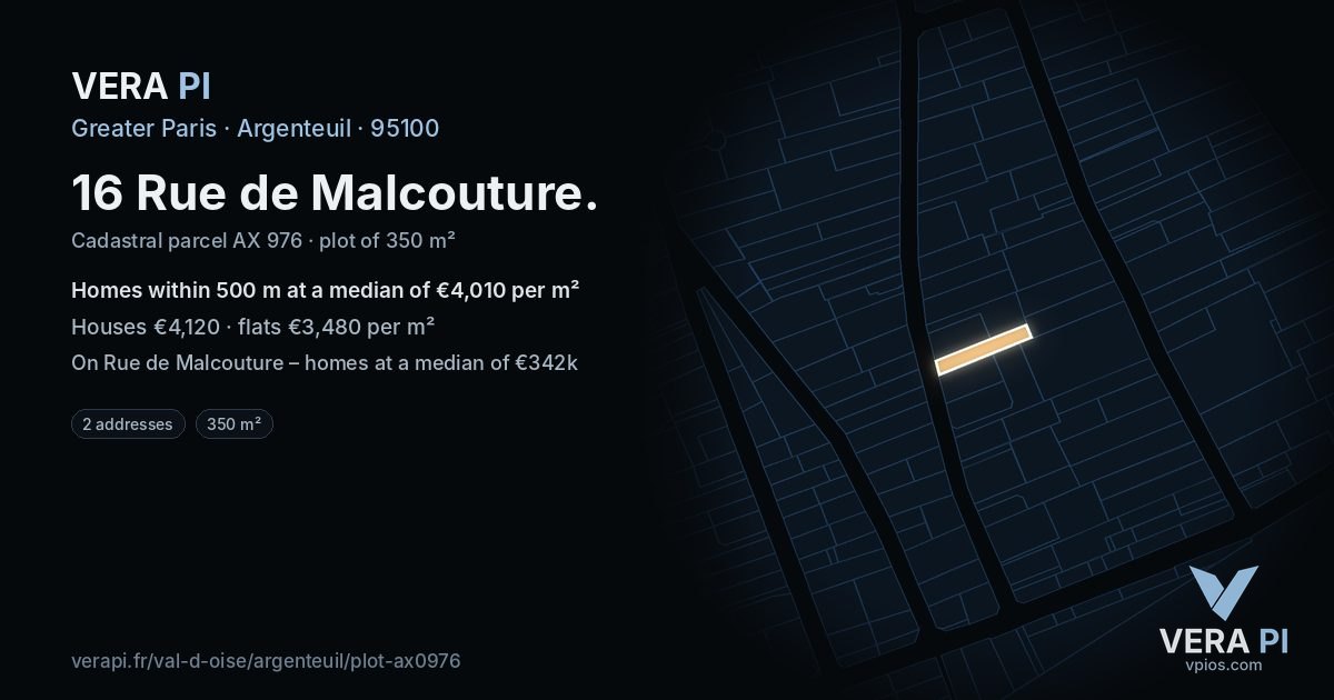 16 Rue de Malcouture, Argenteuil at night – the plot lit, the parcels around coloured by the prices near them