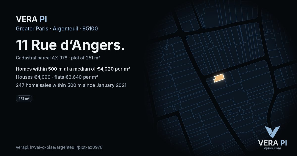 11 Rue d’Angers, Argenteuil at night – the plot lit, the parcels around coloured by the prices near them