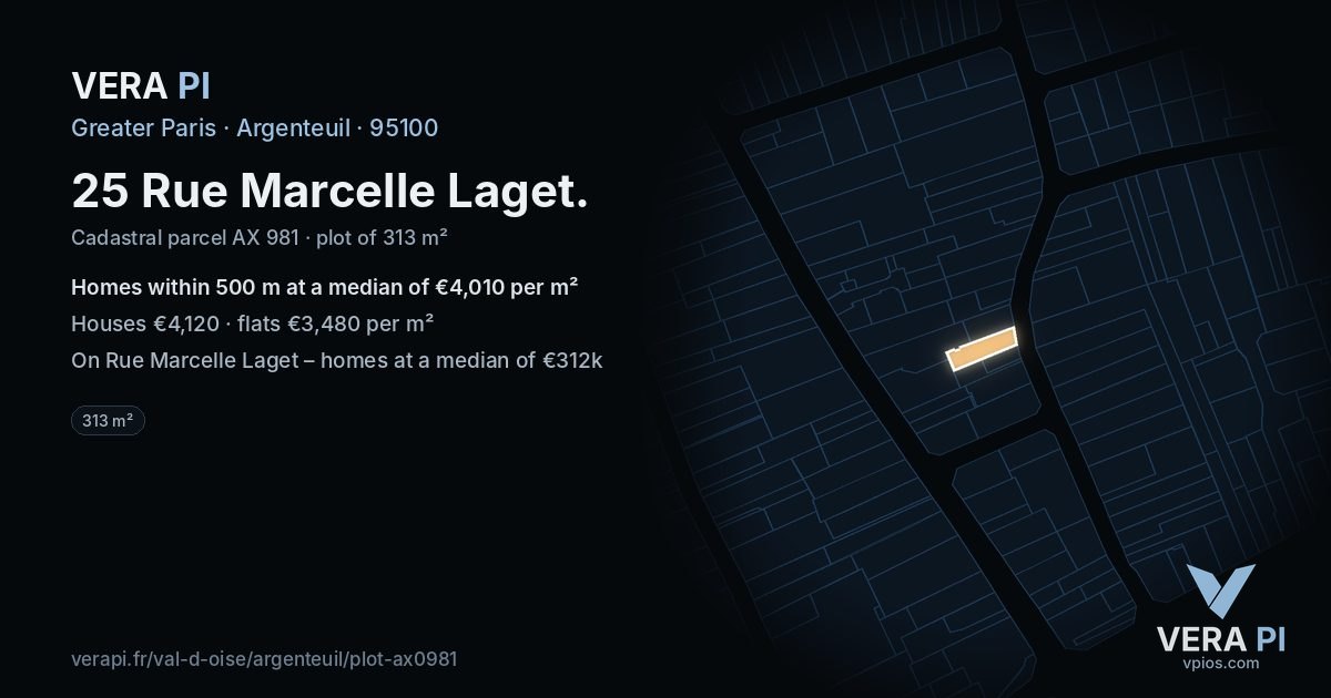25 Rue Marcelle Laget, Argenteuil at night – the plot lit, the parcels around coloured by the prices near them
