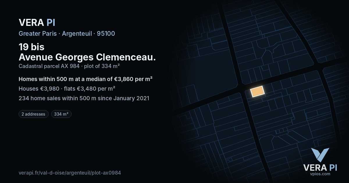 19 bis Avenue Georges Clemenceau, Argenteuil at night – the plot lit, the parcels around coloured by the prices near them