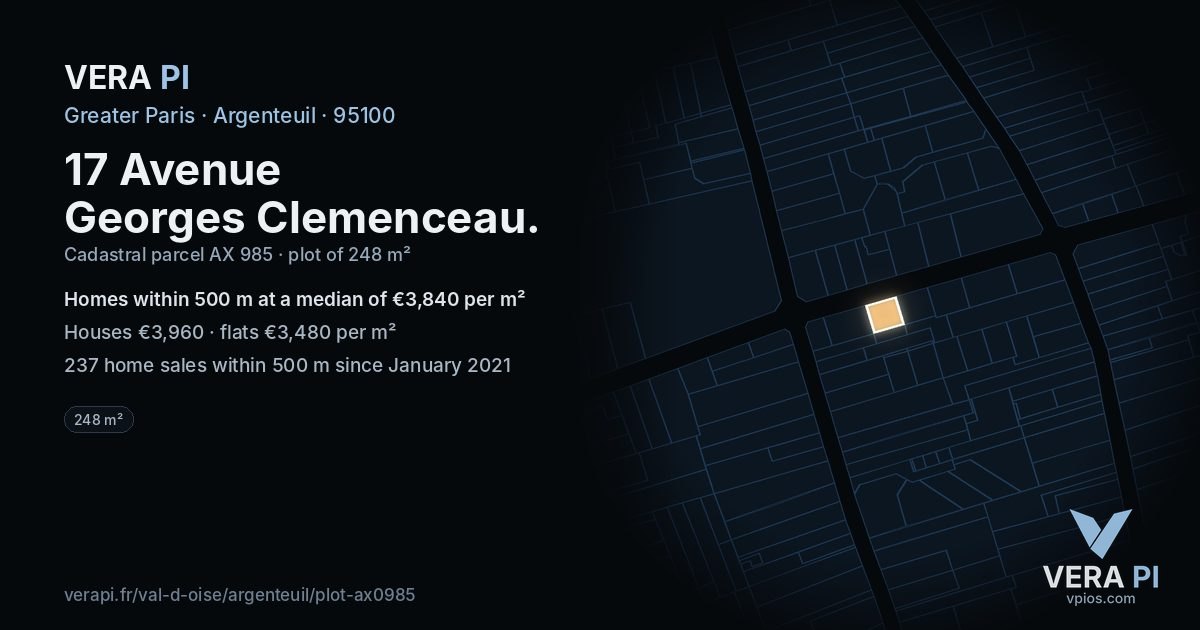 17 Avenue Georges Clemenceau, Argenteuil at night – the plot lit, the parcels around coloured by the prices near them