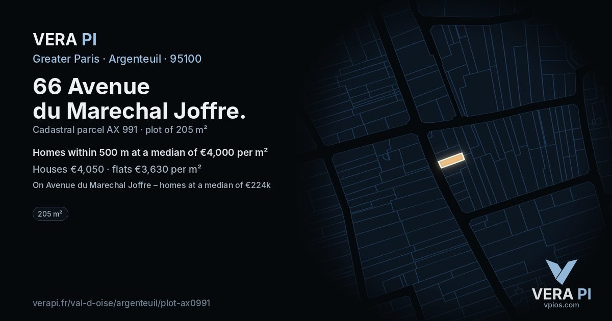 66 Avenue du Marechal Joffre, Argenteuil at night – the plot lit, the parcels around coloured by the prices near them