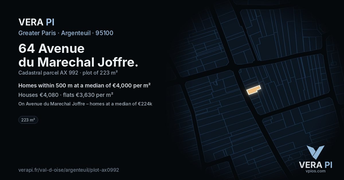 64 Avenue du Marechal Joffre, Argenteuil at night – the plot lit, the parcels around coloured by the prices near them
