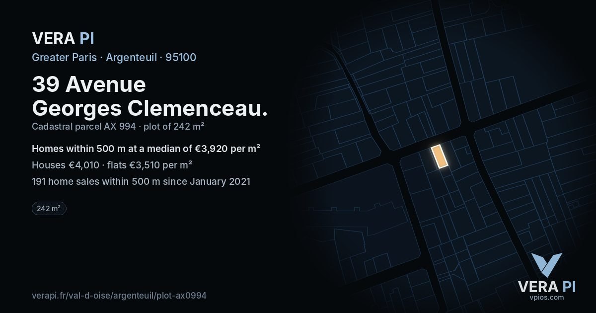 39 Avenue Georges Clemenceau, Argenteuil at night – the plot lit, the parcels around coloured by the prices near them