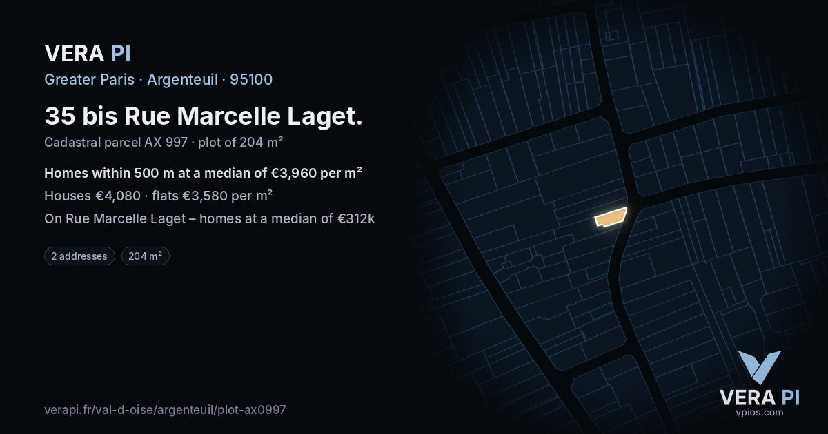 35 bis Rue Marcelle Laget, Argenteuil at night – the plot lit, the parcels around coloured by the prices near them
