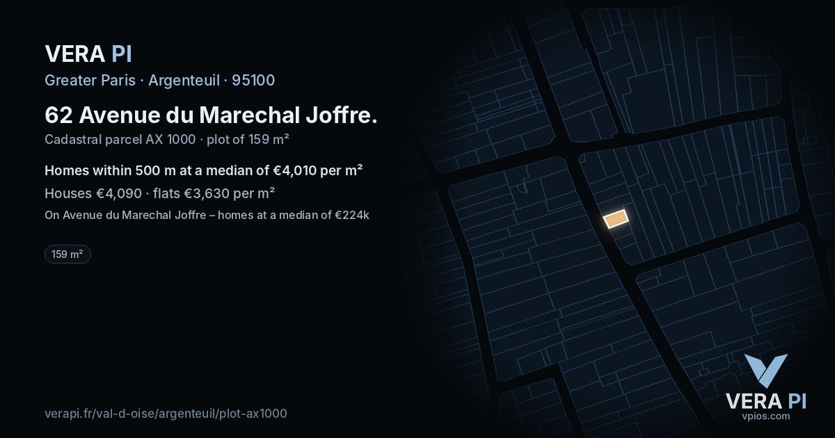 62 Avenue du Marechal Joffre, Argenteuil at night – the plot lit, the parcels around coloured by the prices near them