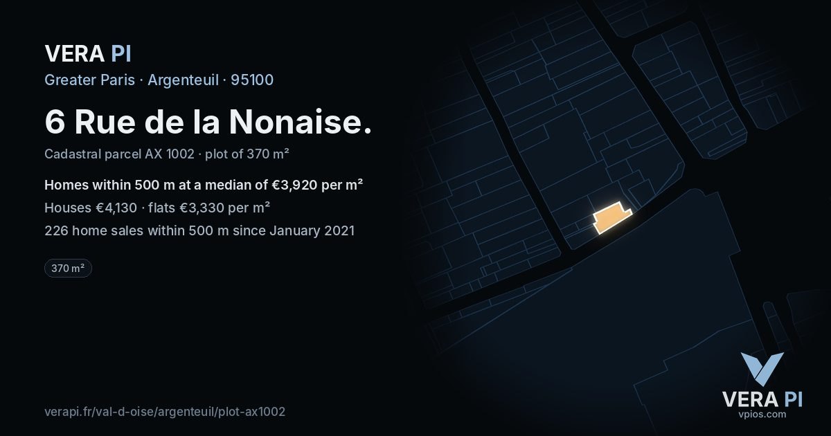 6 Rue de la Nonaise, Argenteuil at night – the plot lit, the parcels around coloured by the prices near them