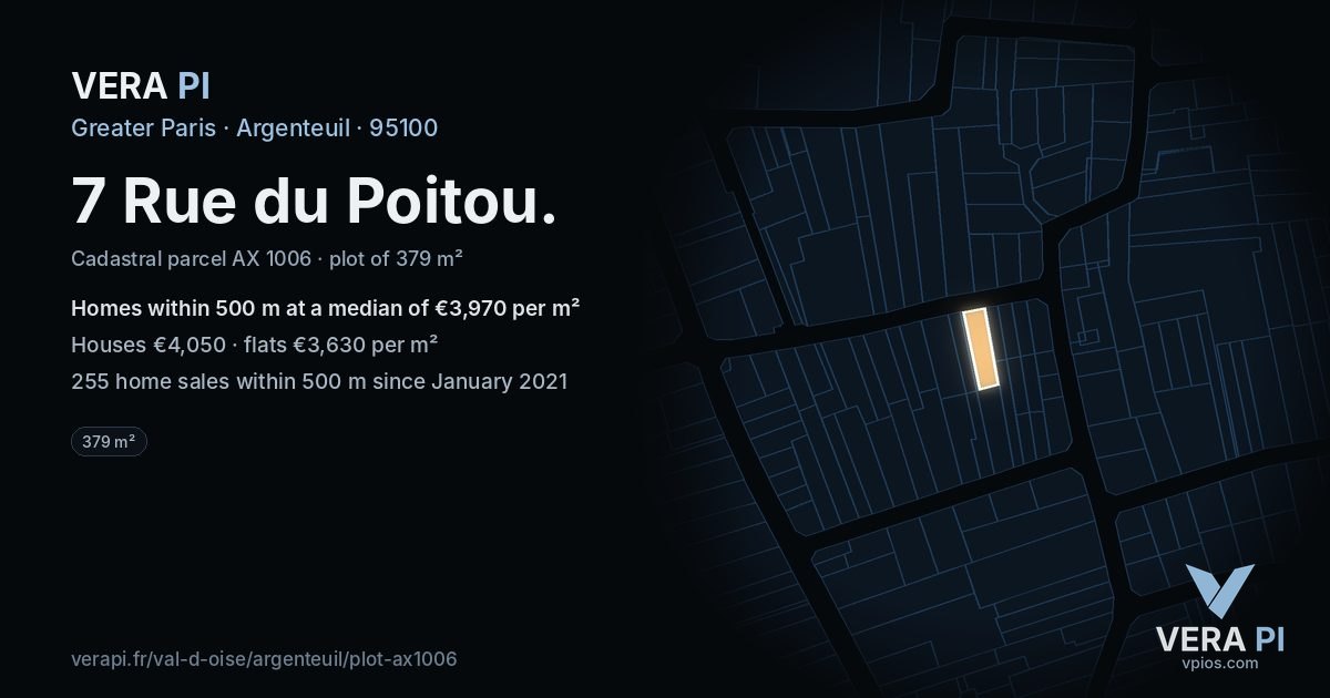 7 Rue du Poitou, Argenteuil at night – the plot lit, the parcels around coloured by the prices near them