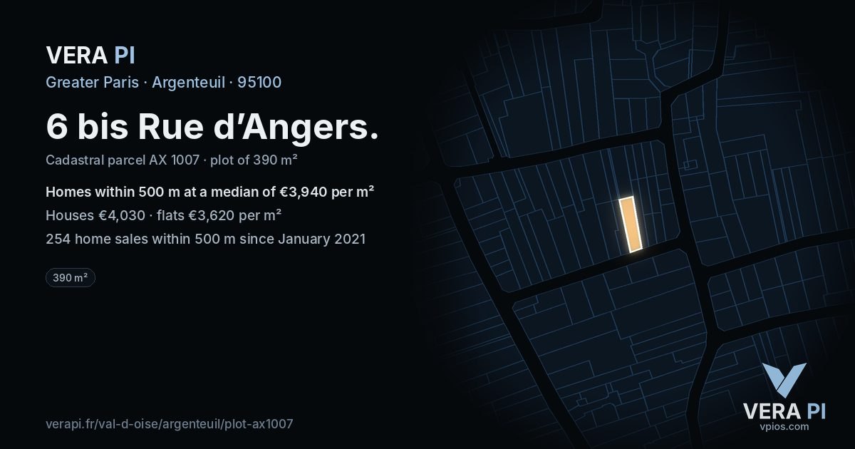 6 bis Rue d’Angers, Argenteuil at night – the plot lit, the parcels around coloured by the prices near them