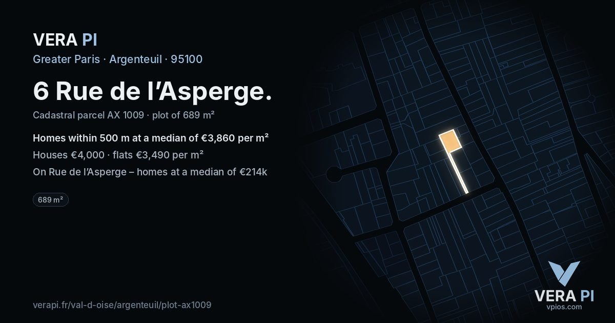 6 Rue de l’Asperge, Argenteuil at night – the plot lit, the parcels around coloured by the prices near them