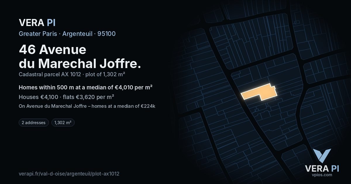 46 Avenue du Marechal Joffre, Argenteuil at night – the plot lit, the parcels around coloured by the prices near them