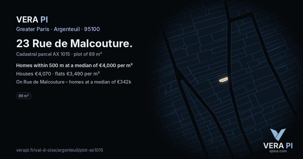 23 Rue de Malcouture, Argenteuil at night – the plot lit, the parcels around coloured by the prices near them