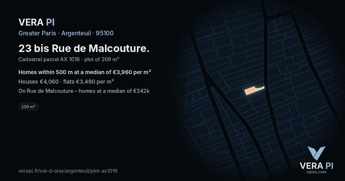 23 bis Rue de Malcouture, Argenteuil at night – the plot lit, the parcels around coloured by the prices near them
