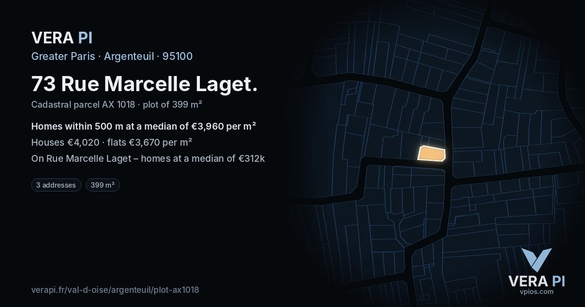 73 Rue Marcelle Laget, Argenteuil at night – the plot lit, the parcels around coloured by the prices near them