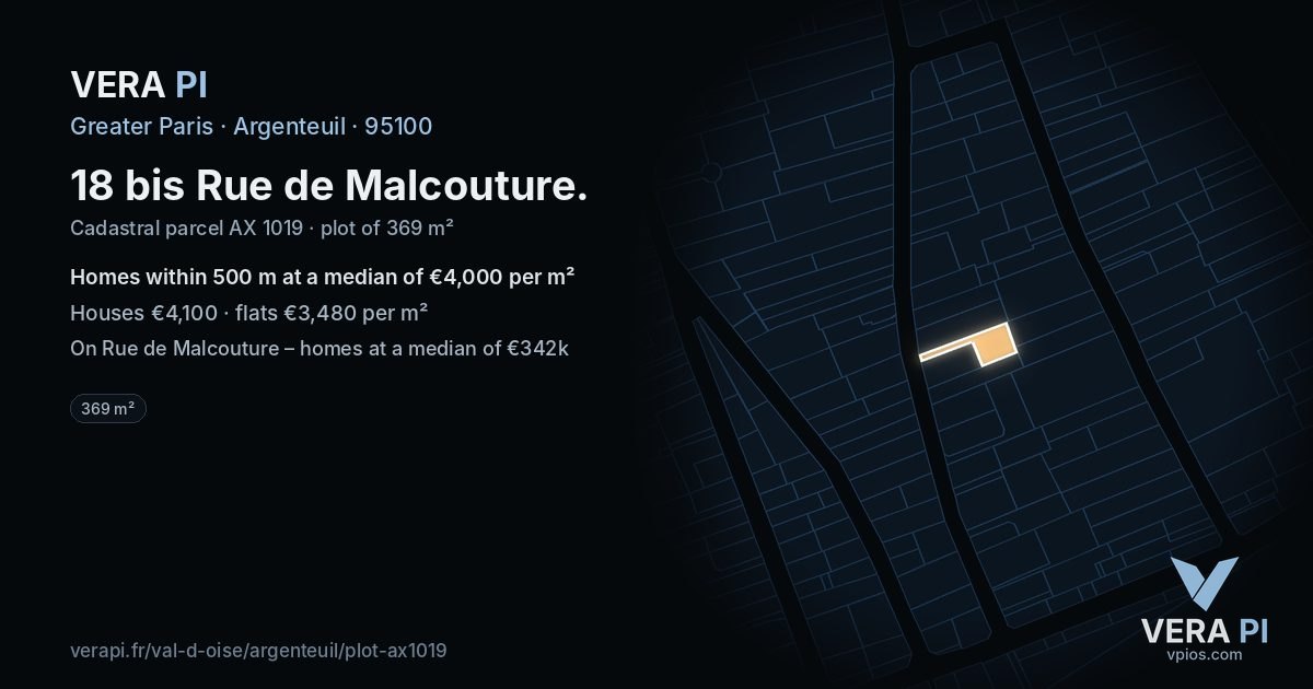 18 bis Rue de Malcouture, Argenteuil at night – the plot lit, the parcels around coloured by the prices near them