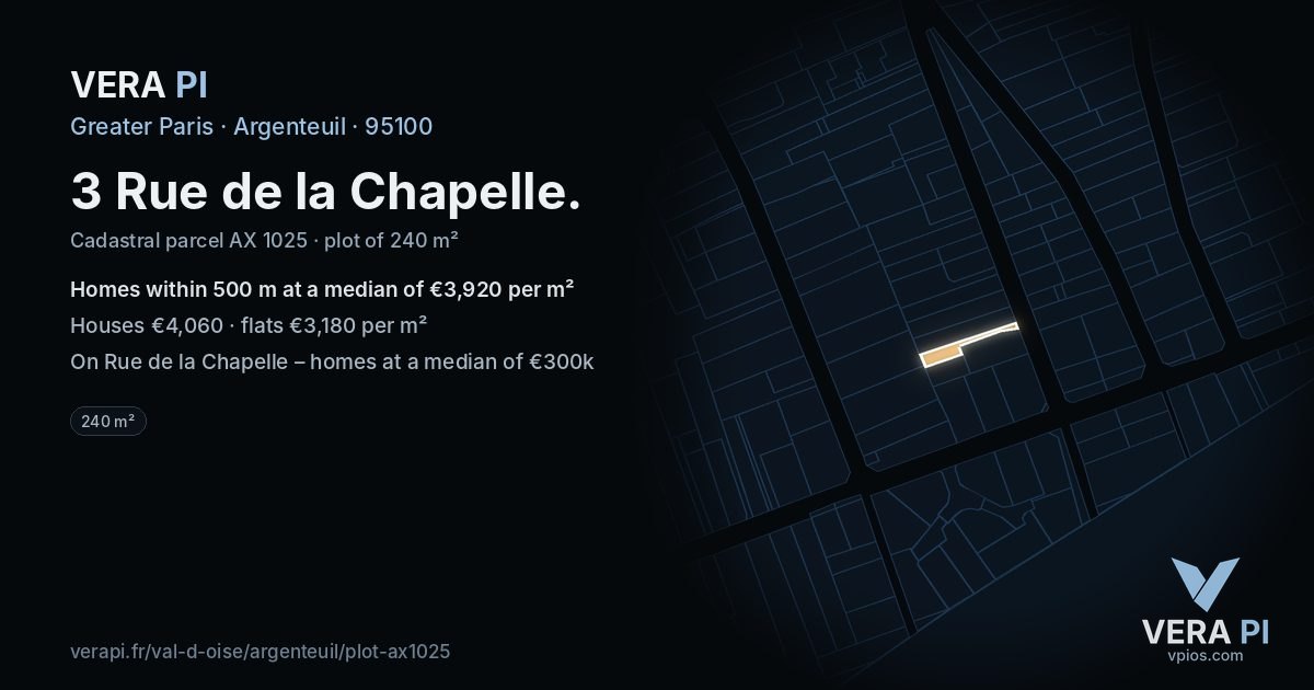 3 Rue de la Chapelle, Argenteuil at night – the plot lit, the parcels around coloured by the prices near them