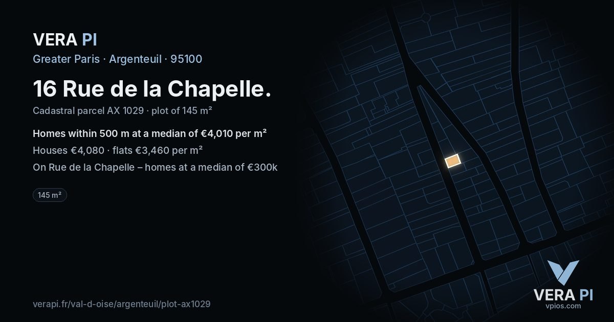 16 Rue de la Chapelle, Argenteuil at night – the plot lit, the parcels around coloured by the prices near them