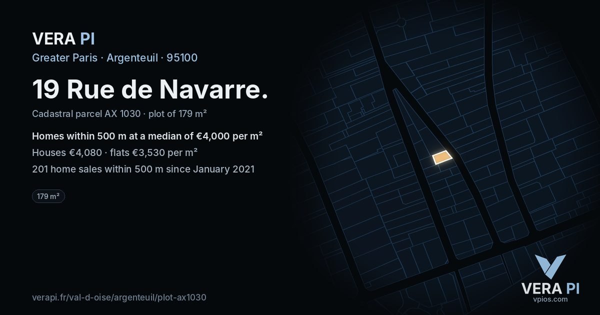 19 Rue de Navarre, Argenteuil at night – the plot lit, the parcels around coloured by the prices near them