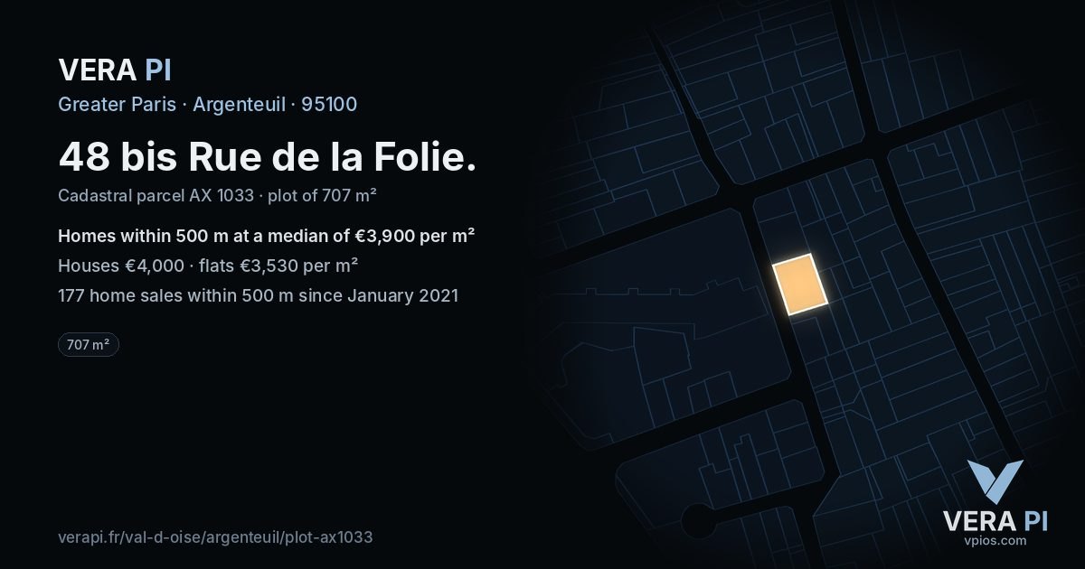 48 bis Rue de la Folie, Argenteuil at night – the plot lit, the parcels around coloured by the prices near them