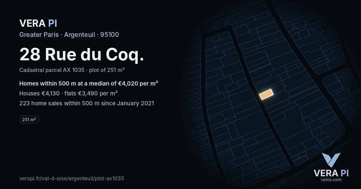 28 Rue du Coq, Argenteuil at night – the plot lit, the parcels around coloured by the prices near them