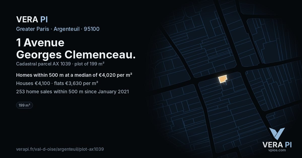 1 Avenue Georges Clemenceau, Argenteuil at night – the plot lit, the parcels around coloured by the prices near them