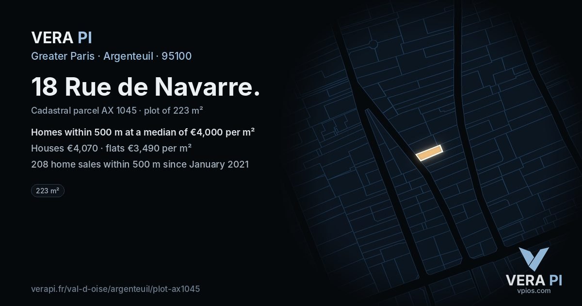 18 Rue de Navarre, Argenteuil at night – the plot lit, the parcels around coloured by the prices near them