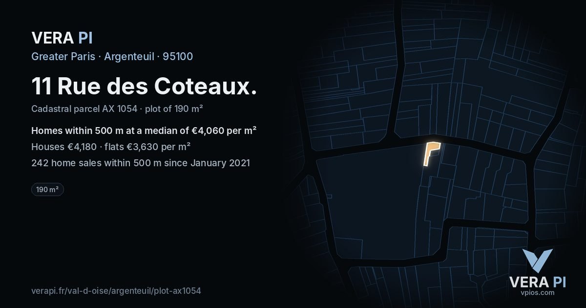 11 Rue des Coteaux, Argenteuil at night – the plot lit, the parcels around coloured by the prices near them