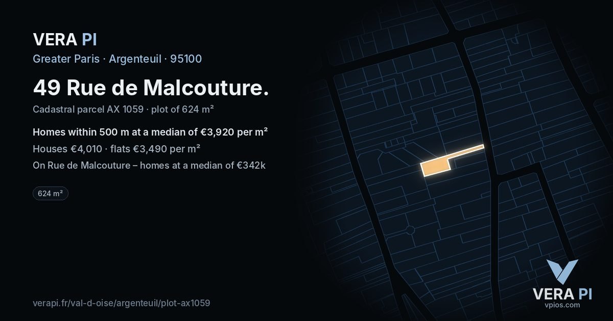 49 Rue de Malcouture, Argenteuil at night – the plot lit, the parcels around coloured by the prices near them
