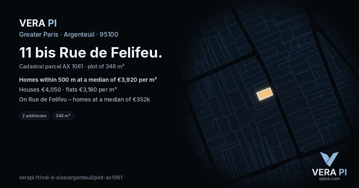 11 bis Rue de Felifeu, Argenteuil at night – the plot lit, the parcels around coloured by the prices near them