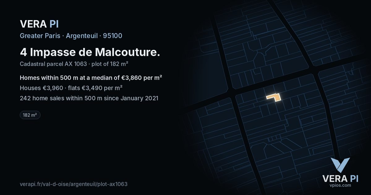 4 Impasse de Malcouture, Argenteuil at night – the plot lit, the parcels around coloured by the prices near them