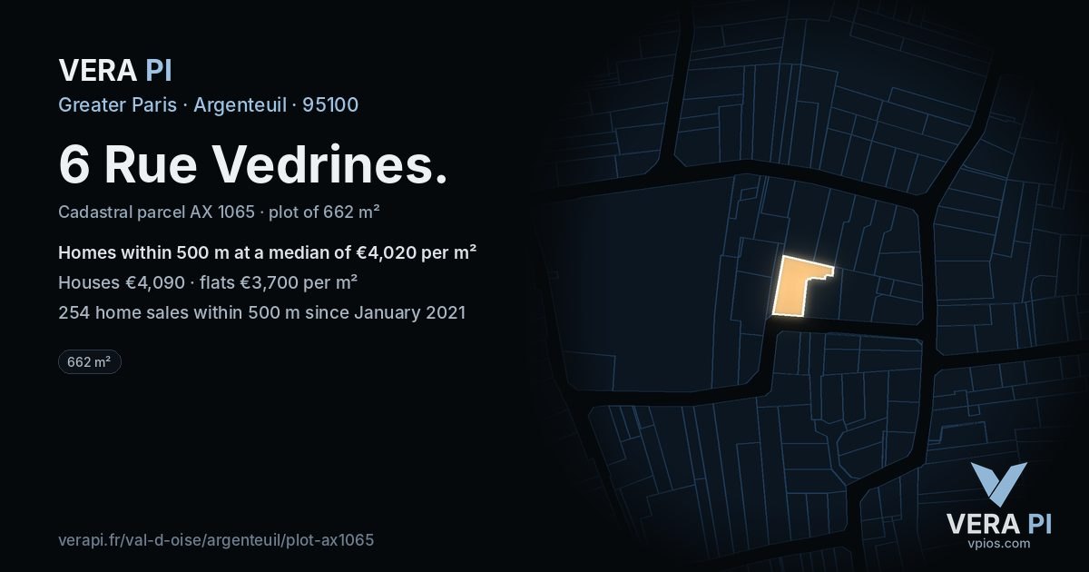 6 Rue Vedrines, Argenteuil at night – the plot lit, the parcels around coloured by the prices near them