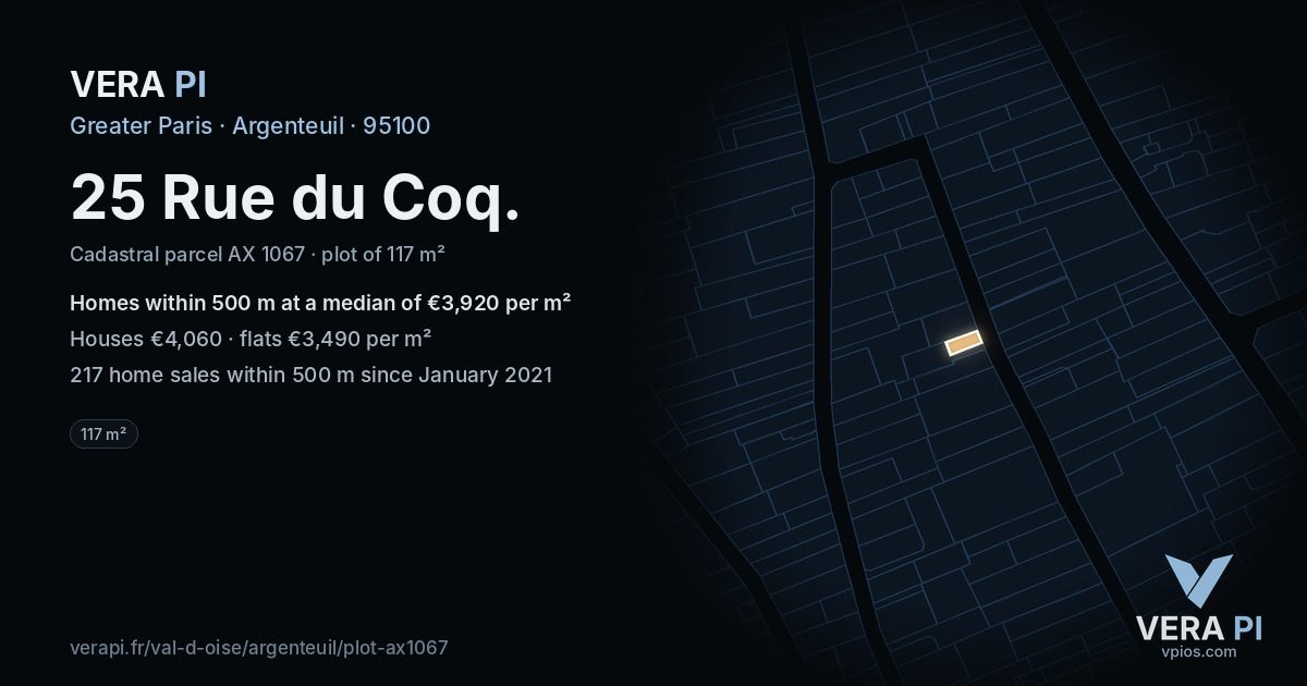 25 Rue du Coq, Argenteuil at night – the plot lit, the parcels around coloured by the prices near them
