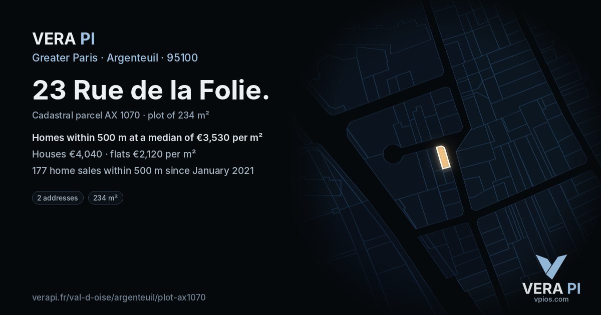 23 Rue de la Folie, Argenteuil at night – the plot lit, the parcels around coloured by the prices near them
