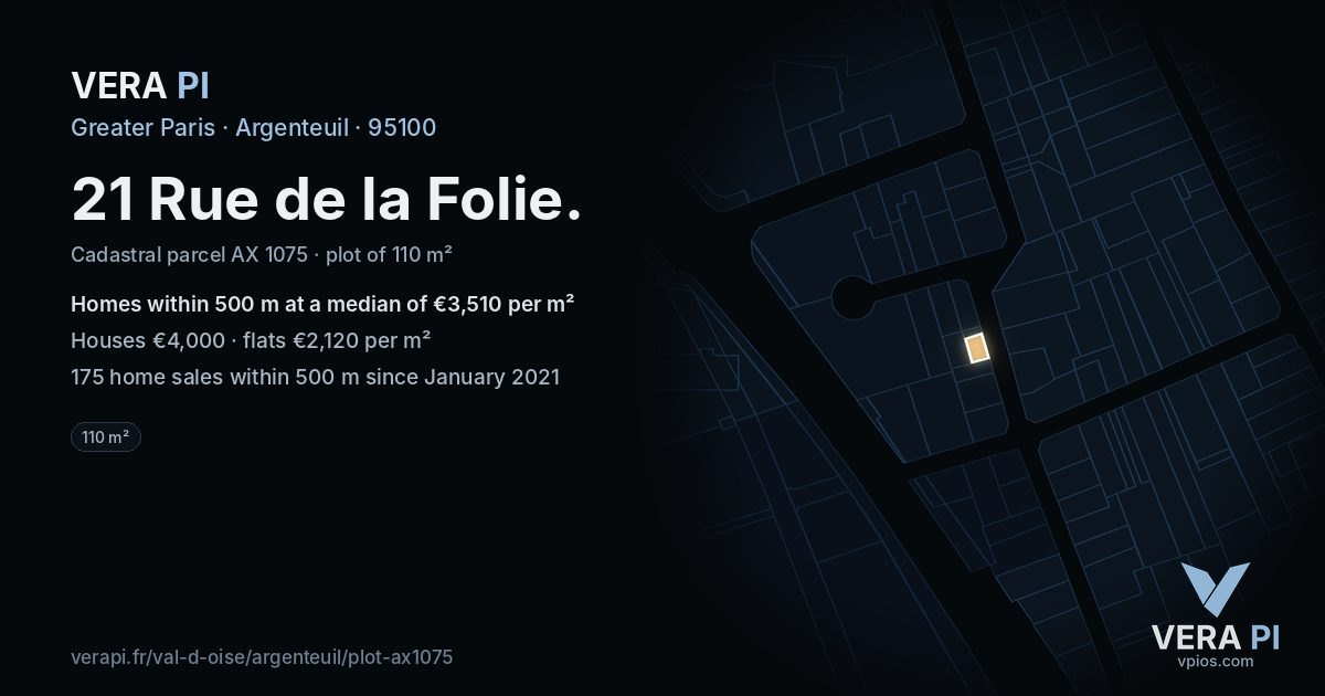 21 Rue de la Folie, Argenteuil at night – the plot lit, the parcels around coloured by the prices near them