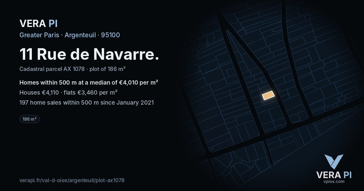 11 Rue de Navarre, Argenteuil at night – the plot lit, the parcels around coloured by the prices near them