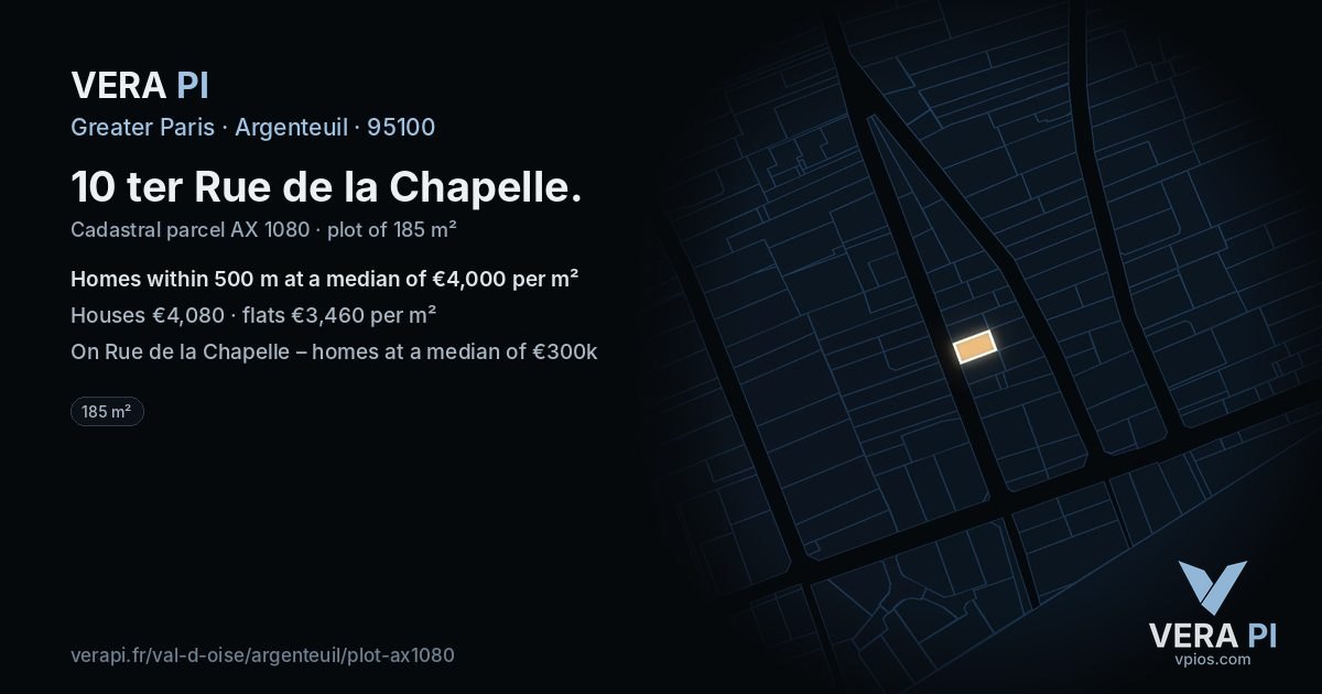 10 ter Rue de la Chapelle, Argenteuil at night – the plot lit, the parcels around coloured by the prices near them