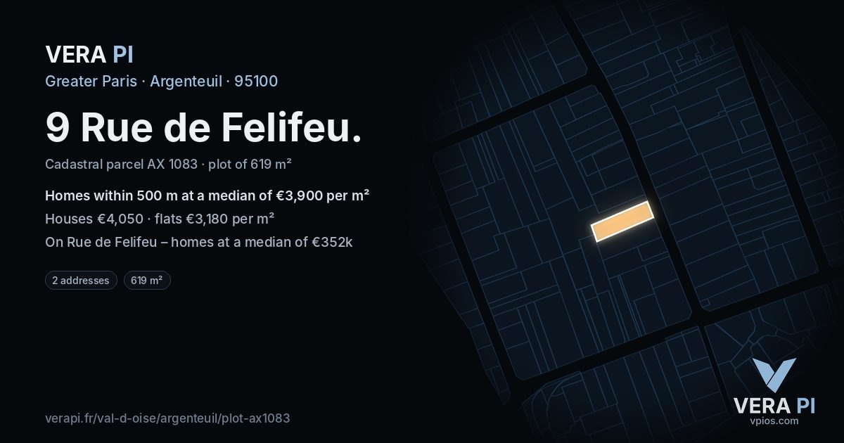 9 Rue de Felifeu, Argenteuil at night – the plot lit, the parcels around coloured by the prices near them