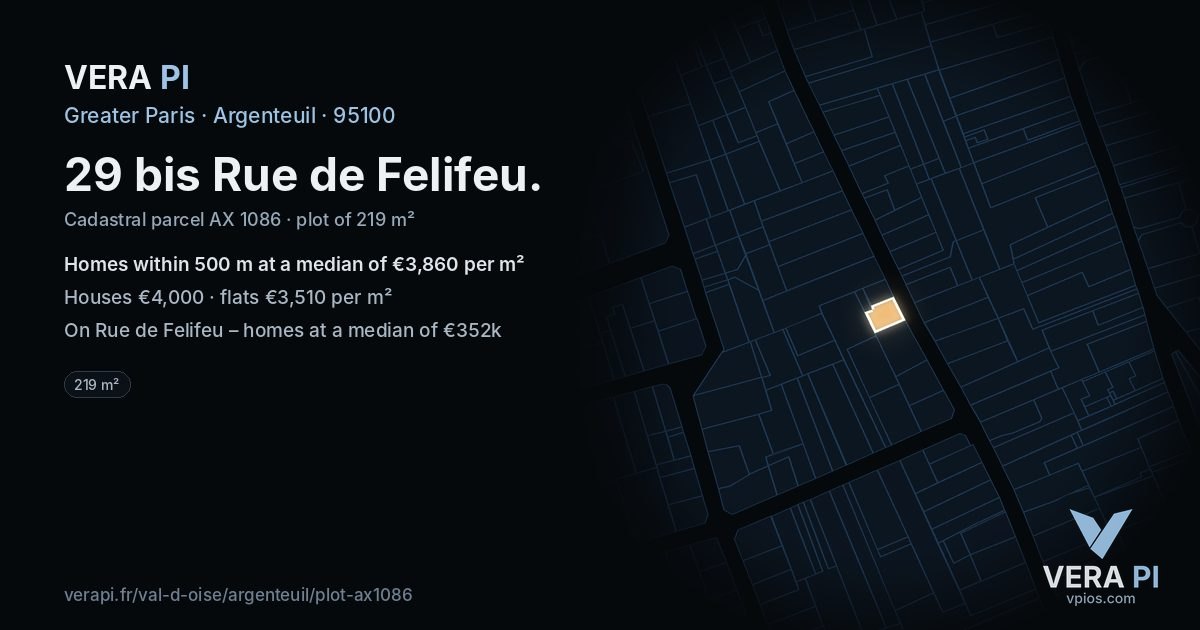 29 bis Rue de Felifeu, Argenteuil at night – the plot lit, the parcels around coloured by the prices near them