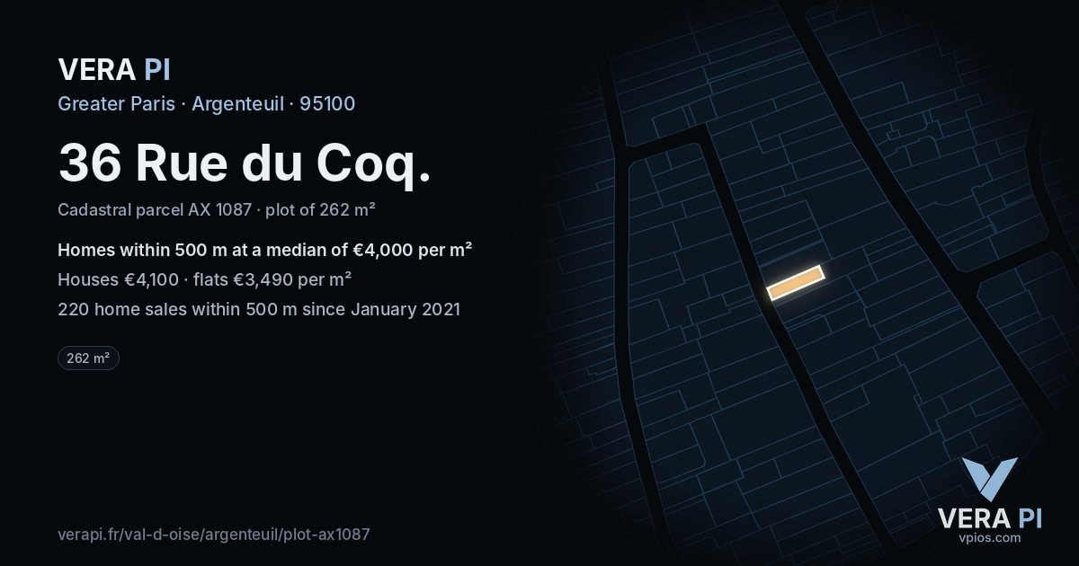 36 Rue du Coq, Argenteuil at night – the plot lit, the parcels around coloured by the prices near them
